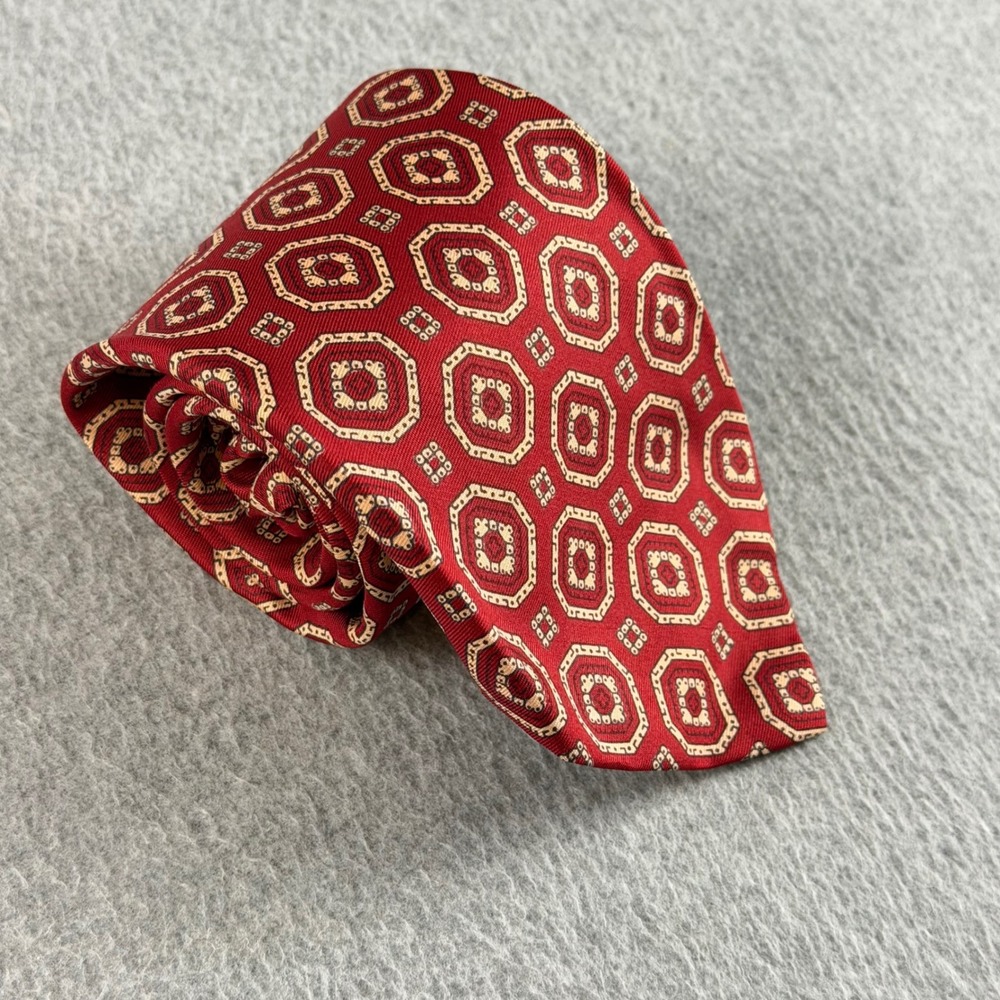 VTG Brooks Brothers Makers 80s Silk Tie Red Geometric Medallion England 54x3.75